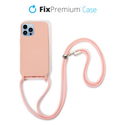 FixPremium - Silikonhülle mit Umhängeband für iPhone 13 Pro, rosa